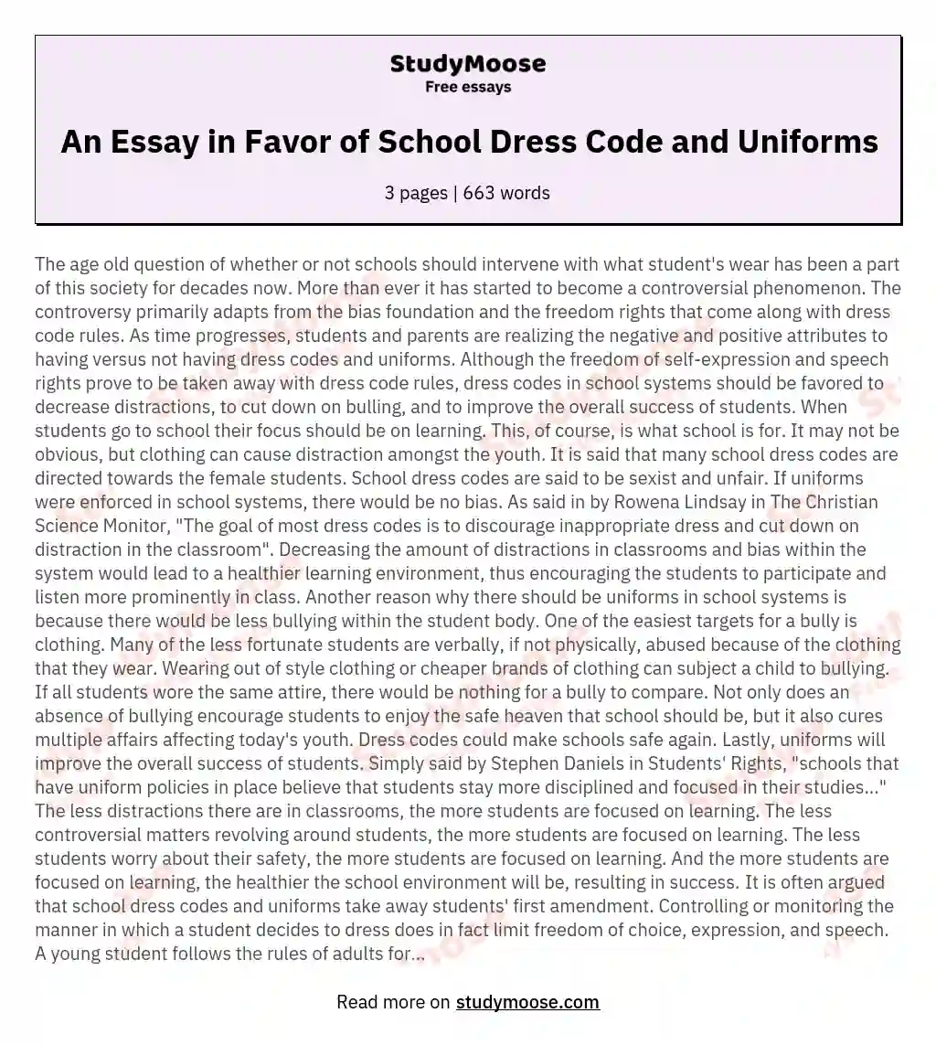 An Essay in Favor of School Dress Code and Uniforms essay