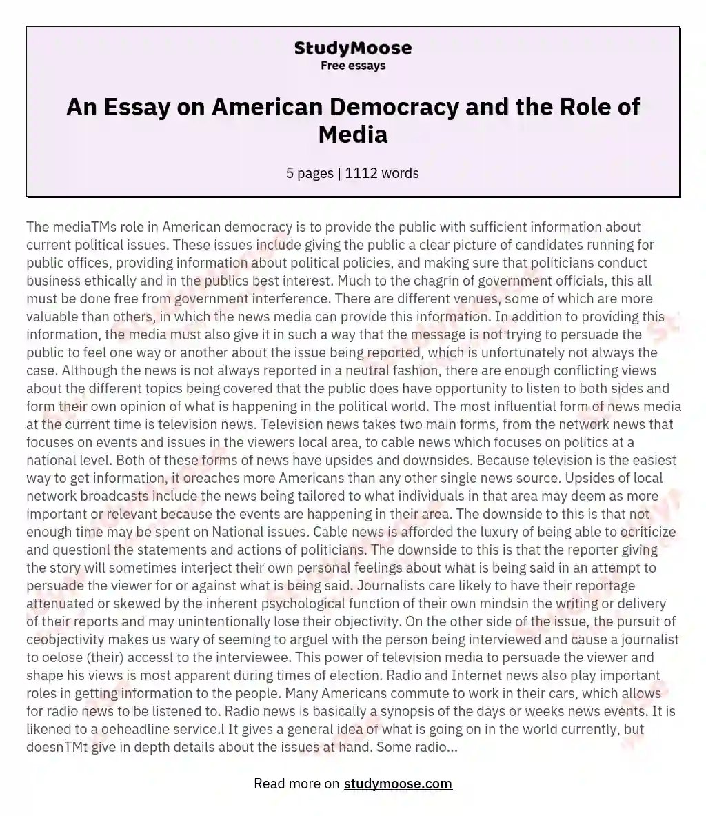 An Essay on American Democracy and the Role of Media essay