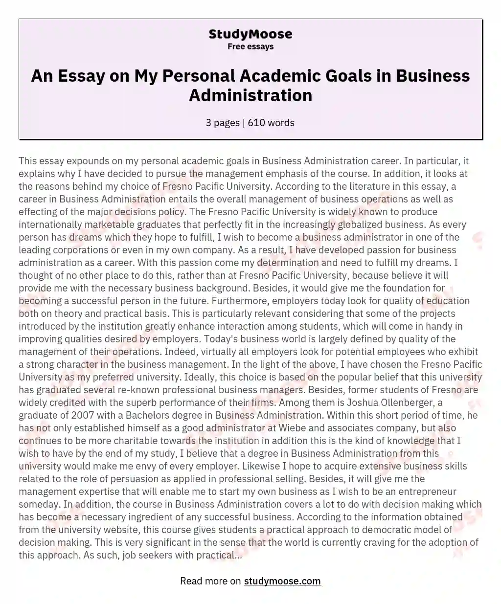 An Essay on My Personal Academic Goals in Business Administration essay
