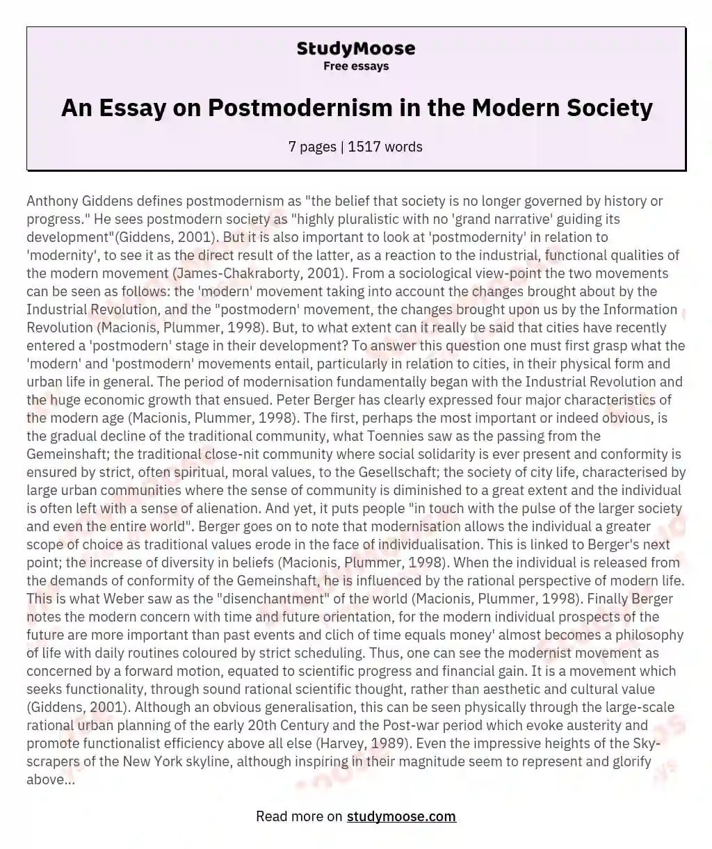 An Essay on Postmodernism in the Modern Society essay