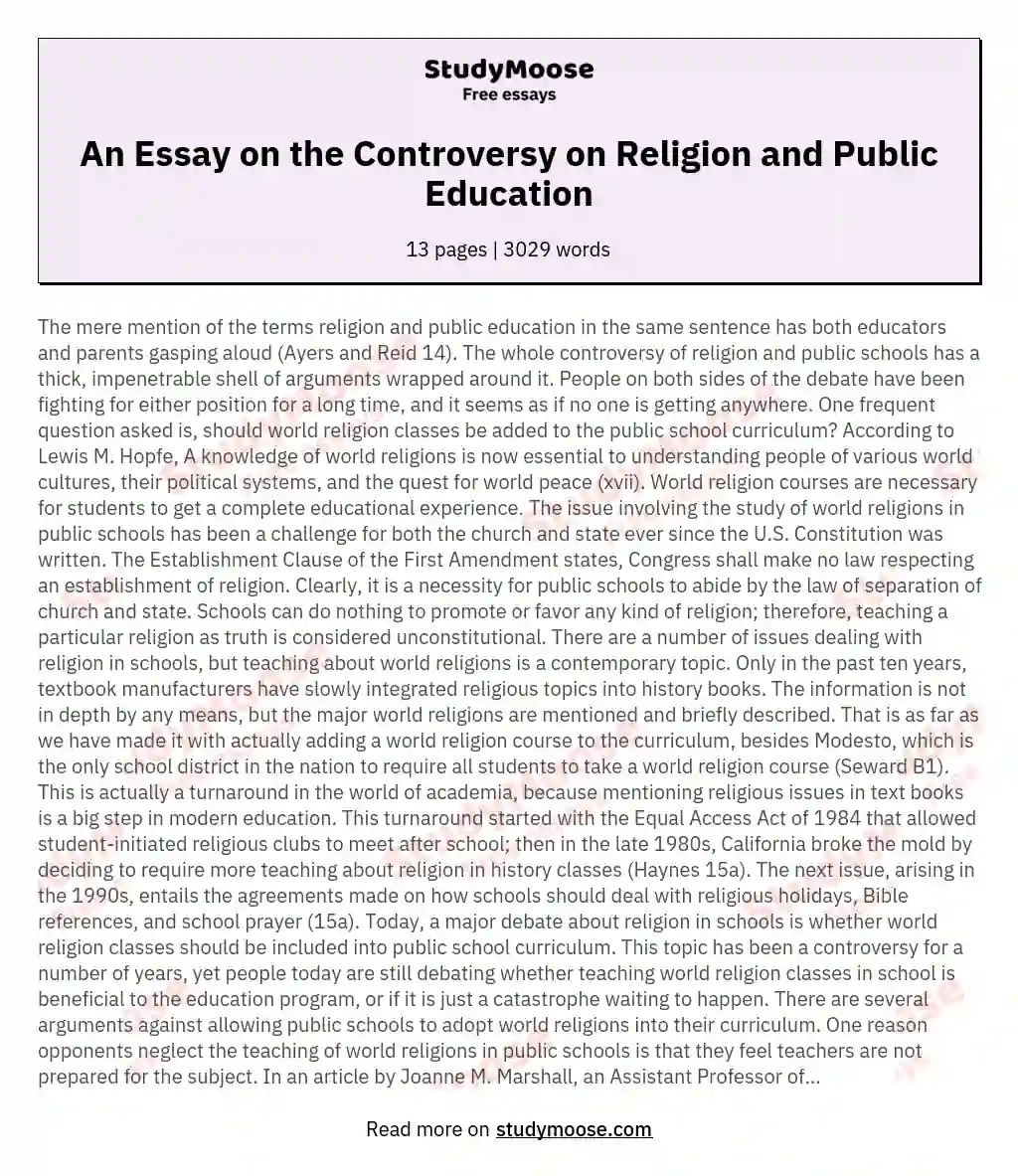 An Essay on the Controversy on Religion and Public Education essay