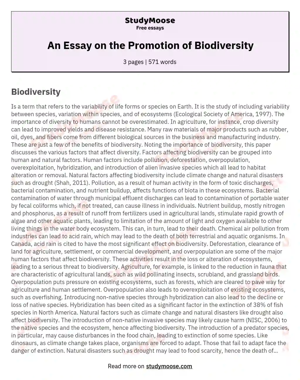 An Essay on the Promotion of Biodiversity essay