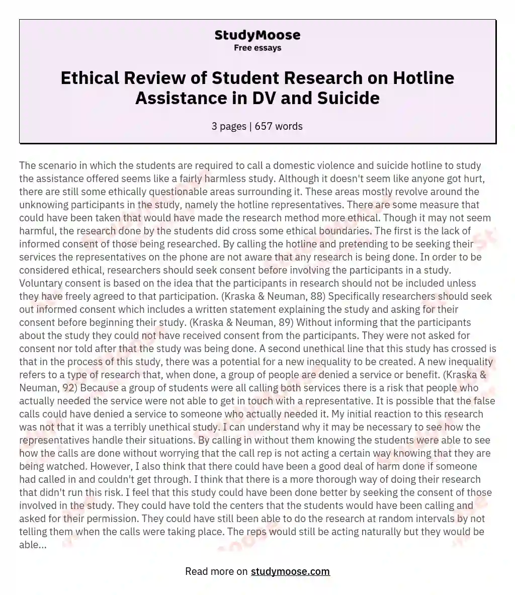 Ethical Review of Student Research on Hotline Assistance in DV and Suicide essay