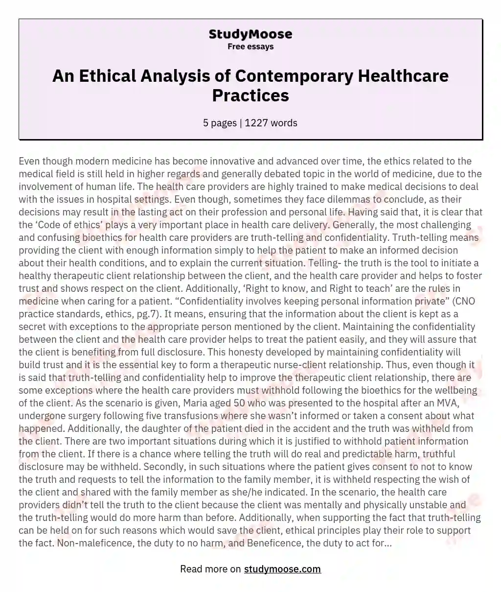 An Ethical Analysis of Contemporary Healthcare Practices essay