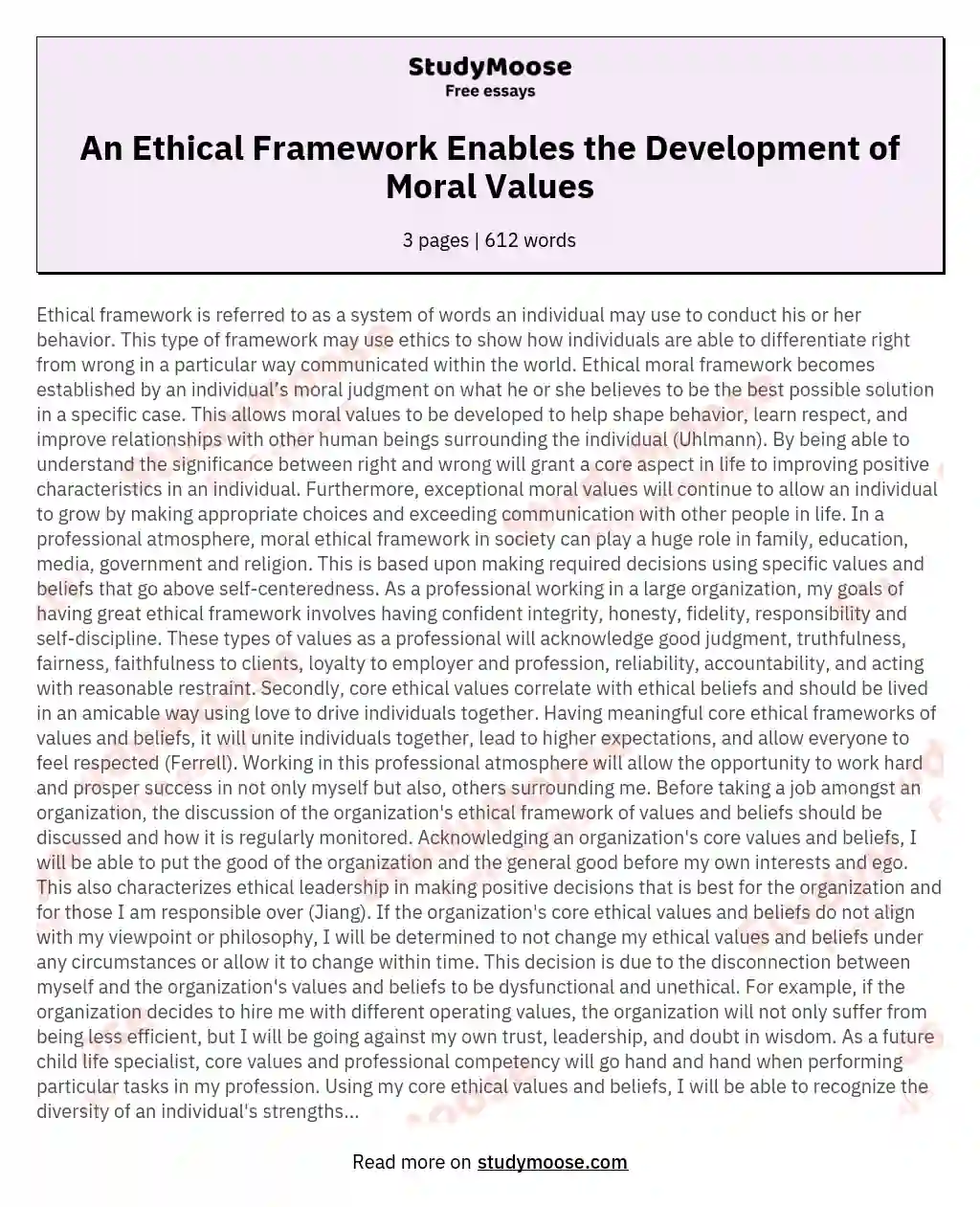 An Ethical Framework Enables the Development of Moral Values essay