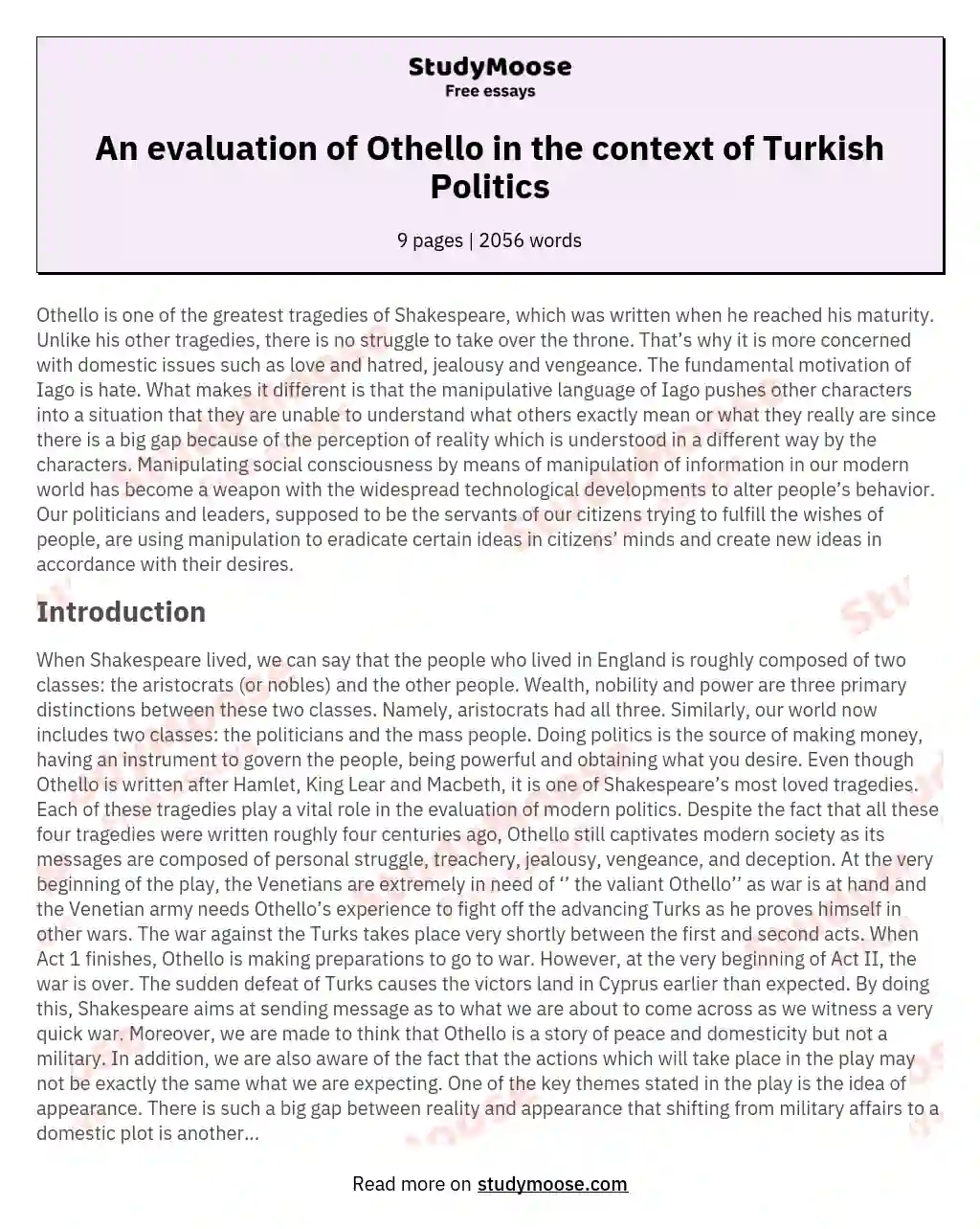 An evaluation of Othello in the context of Turkish Politics essay