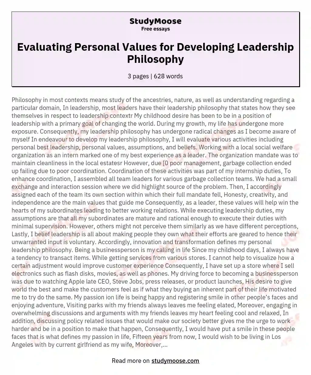 Evaluating Personal Values for Developing Leadership Philosophy essay