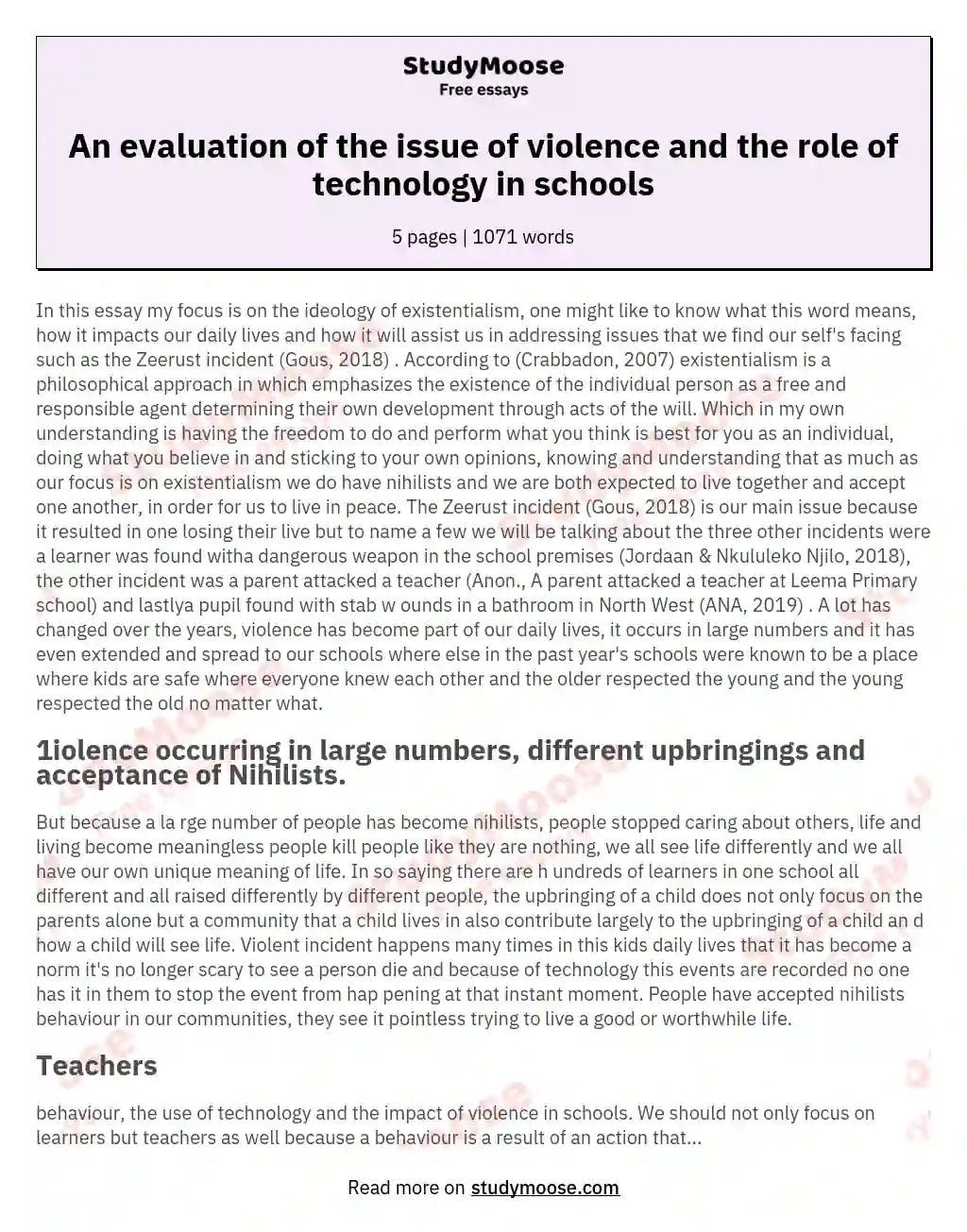 An evaluation of the issue of violence and the role of technology in schools essay