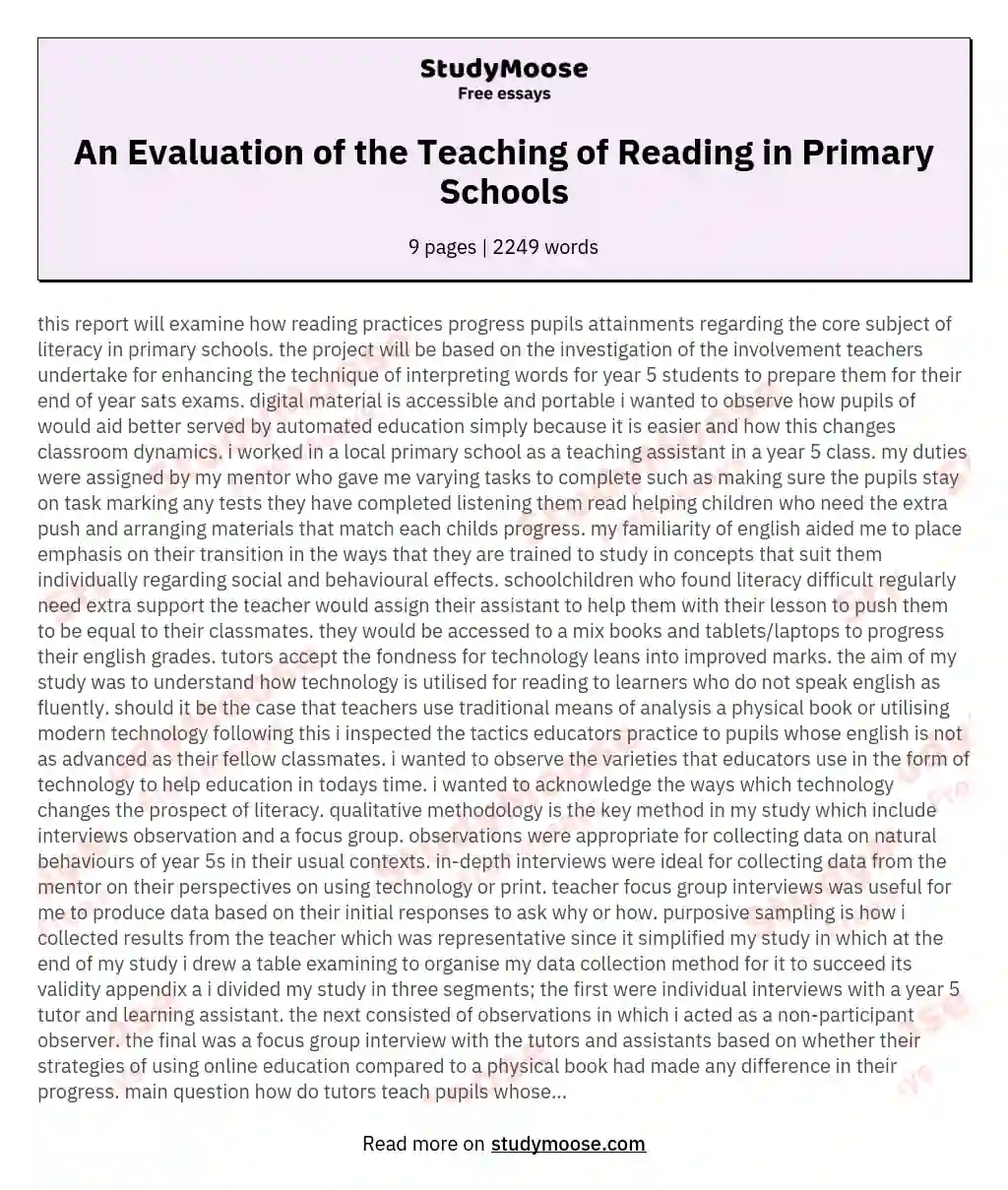 An Evaluation of the Teaching of Reading in Primary Schools essay