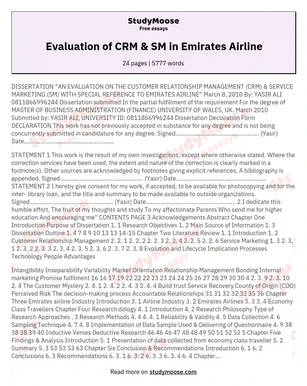 An Evaluation on the Customer Relationship Management (Crm) & Service Marketing (Sm) with Special Reference to Emirates Airline”