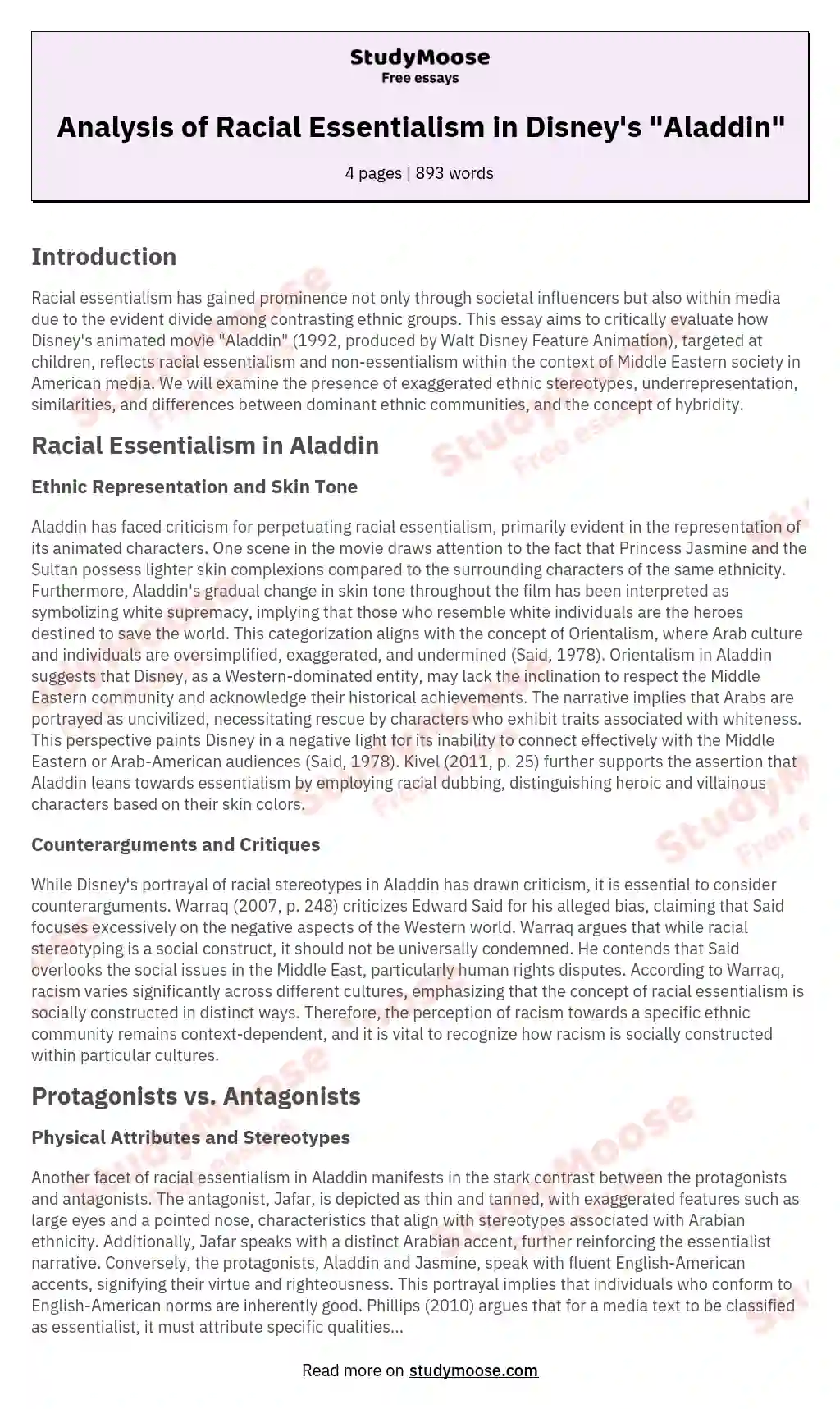 Analysis of Racial Essentialism in Disney's "Aladdin" essay
