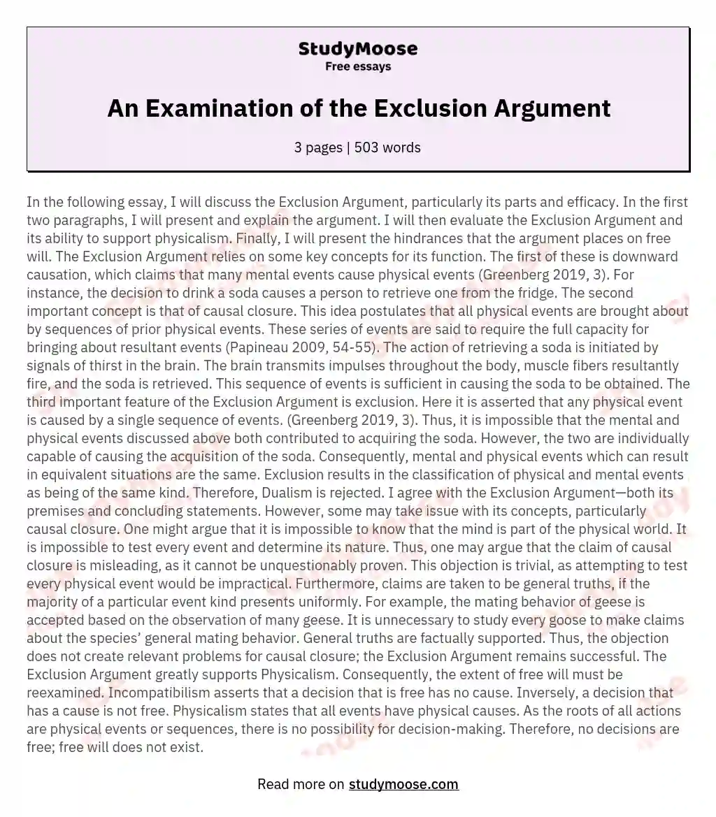 An Examination of the Exclusion Argument essay