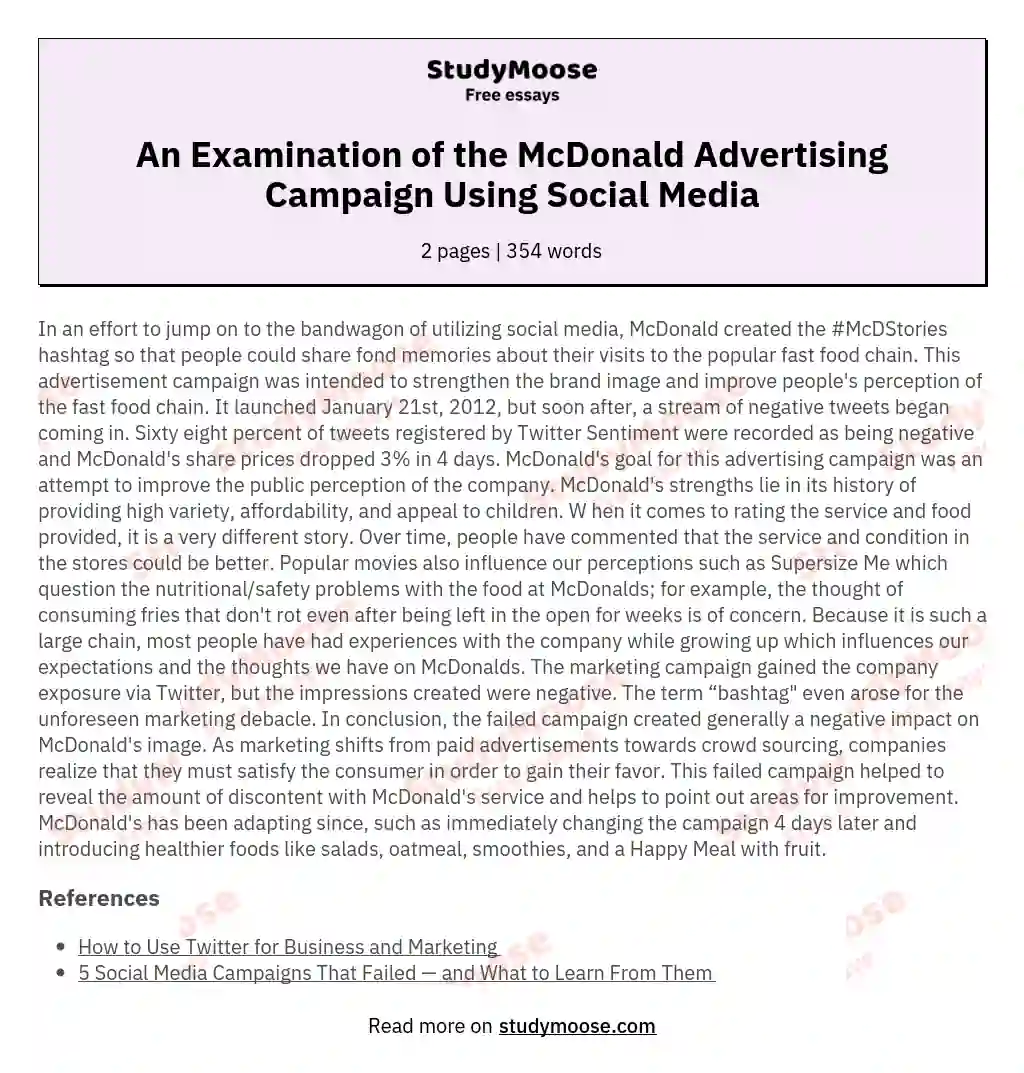 An Examination of the McDonald Advertising Campaign Using Social Media essay