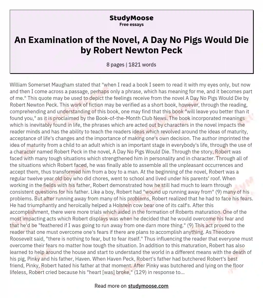 An Examination of the Novel, A Day No Pigs Would Die by Robert Newton Peck essay