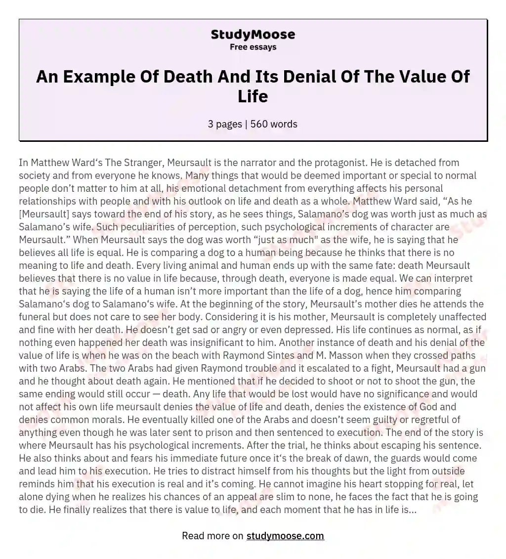 An Example Of Death And Its Denial Of The Value Of Life essay