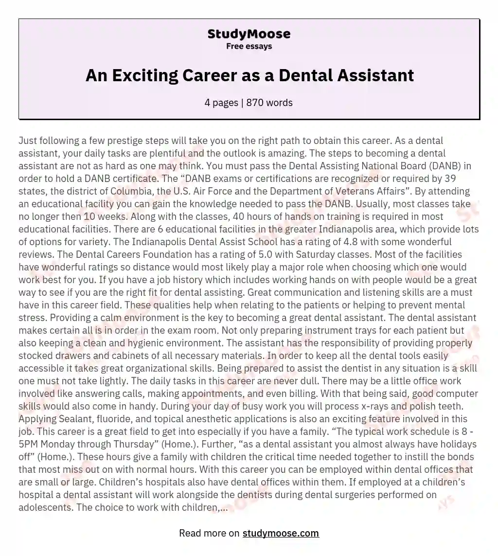 An Exciting Career as a Dental Assistant essay