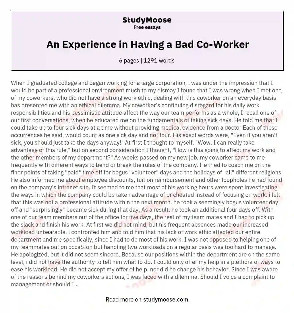An Experience in Having a Bad Co-Worker essay