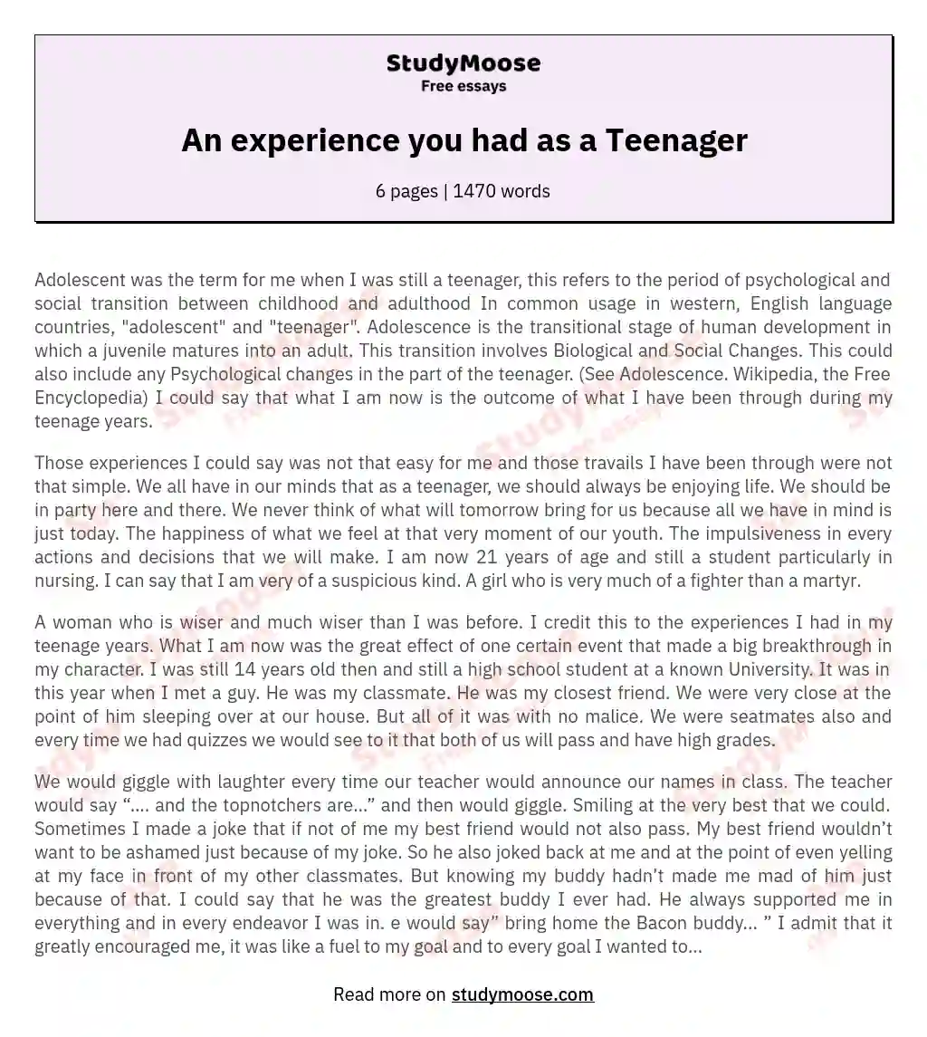 An experience you had as a Teenager essay
