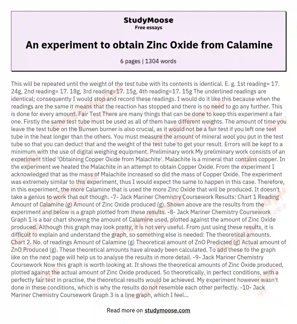 An experiment to obtain Zinc Oxide from Calamine essay