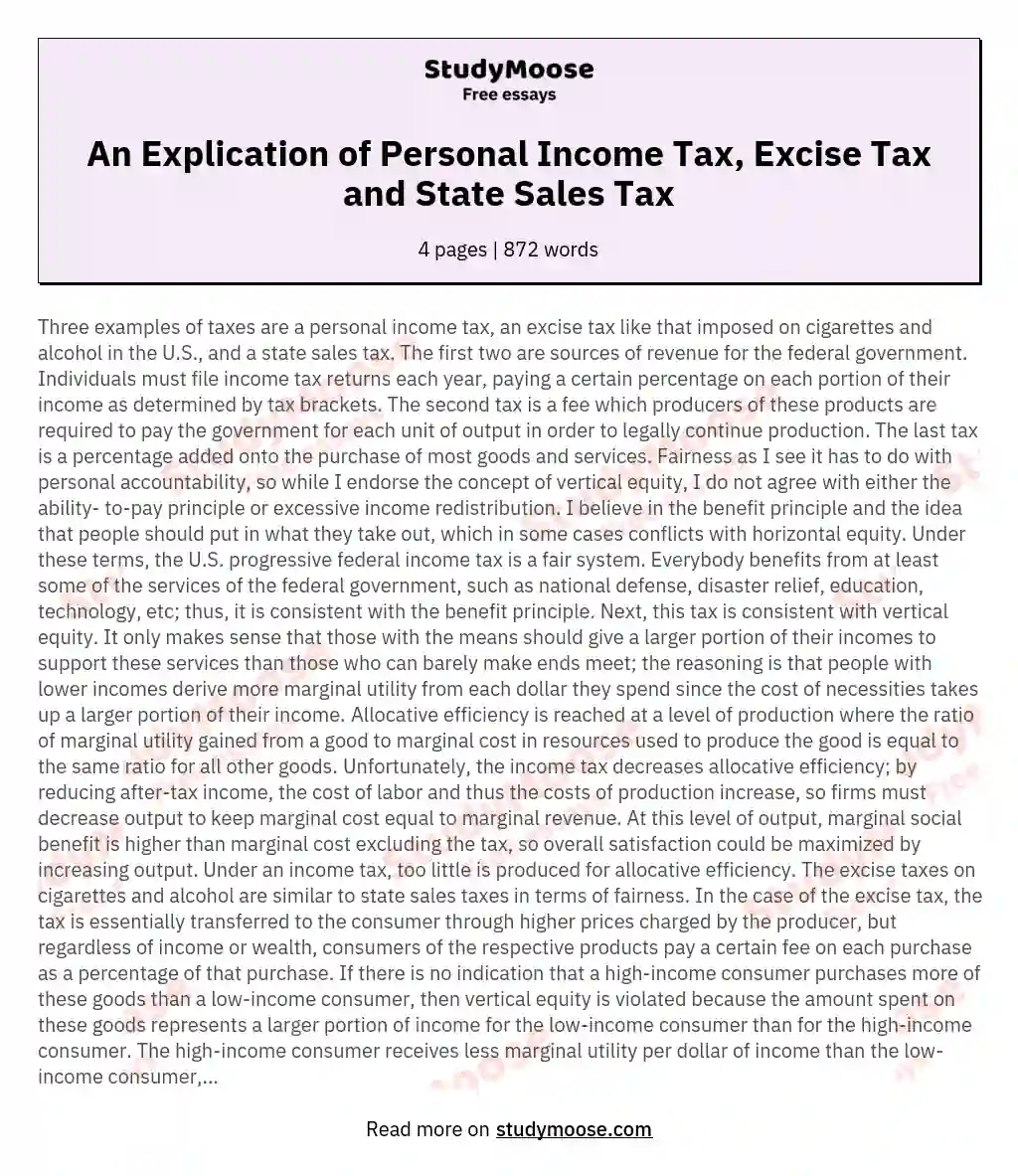 An Explication of Personal Income Tax, Excise Tax and State Sales Tax essay