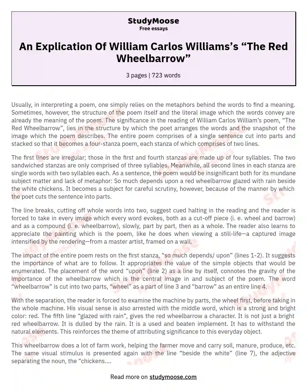 An Explication Of William Carlos Williams’s “The Red Wheelbarrow”