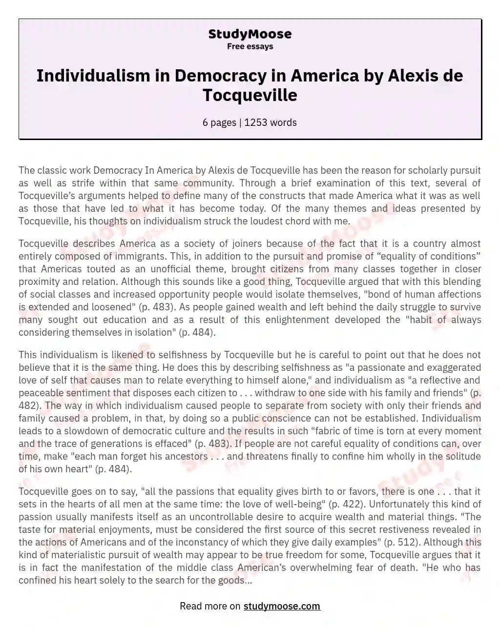 Individualism in Democracy in America by Alexis de Tocqueville essay