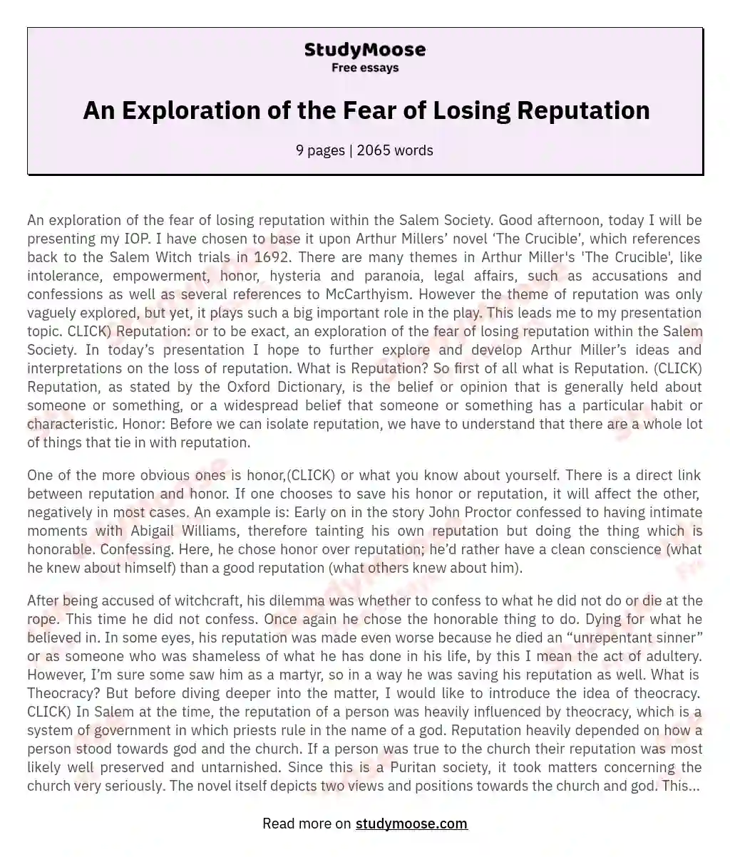 An Exploration of the Fear of Losing Reputation essay