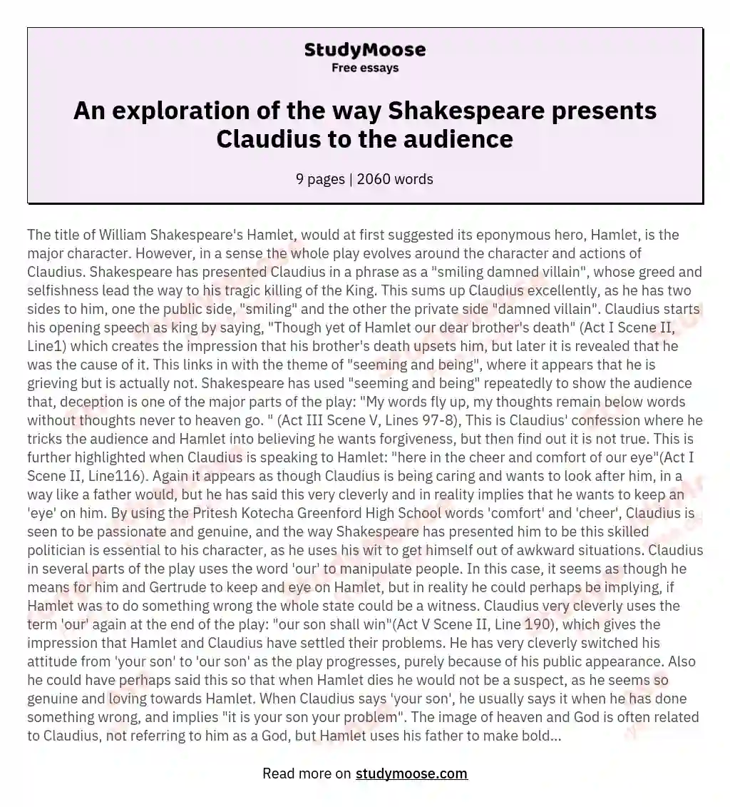 An exploration of the way Shakespeare presents Claudius to the audience essay