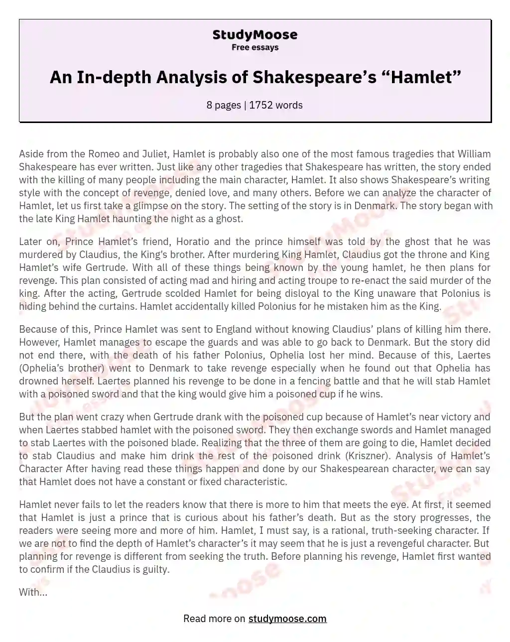 An In-depth Analysis of Shakespeare’s “Hamlet” essay