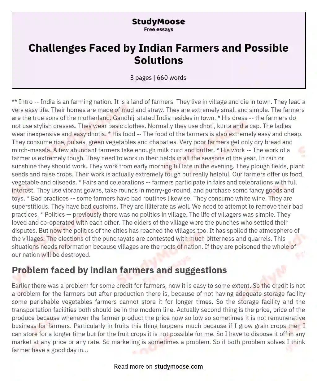 Challenges Faced by Indian Farmers and Possible Solutions essay