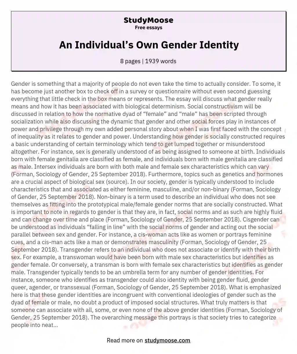 An Individual’s Own Gender Identity essay