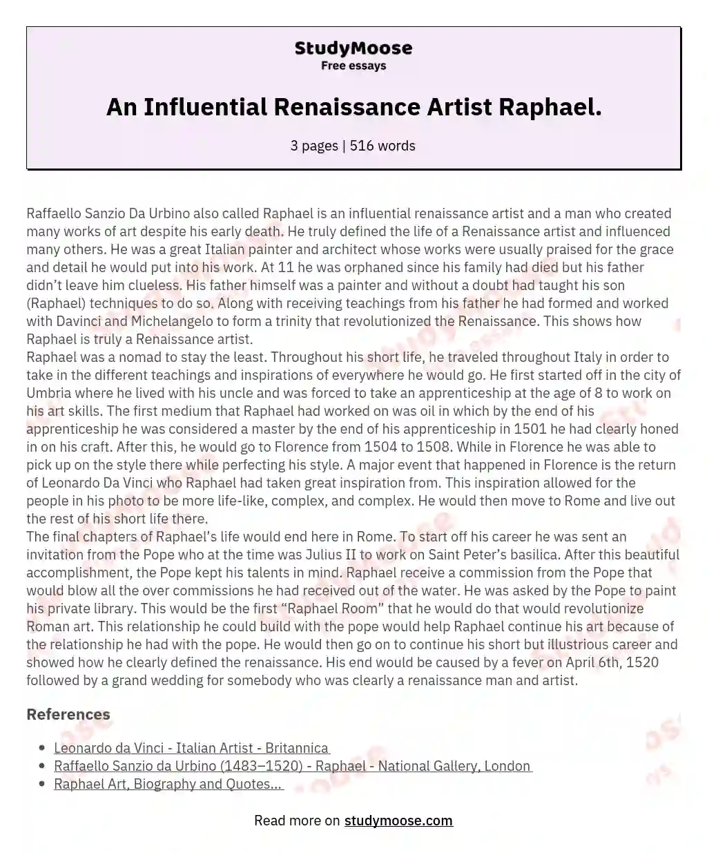 An Influential Renaissance Artist Raphael. essay