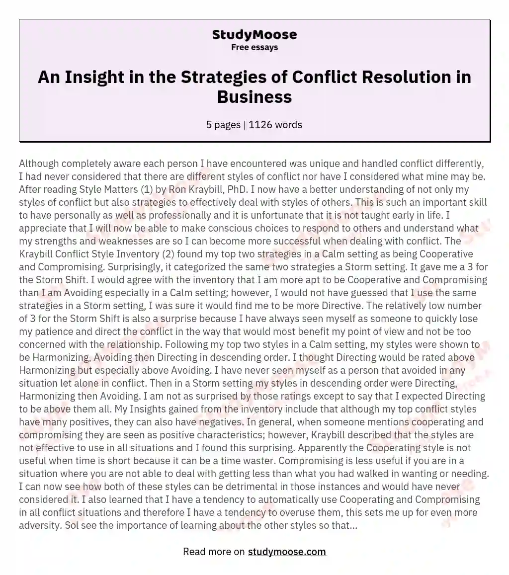 An Insight in the Strategies of Conflict Resolution in Business essay