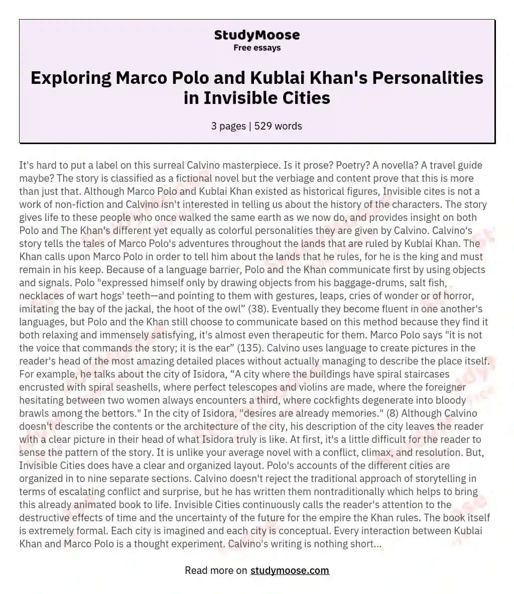 Exploring Marco Polo and Kublai Khan's Personalities in Invisible Cities essay