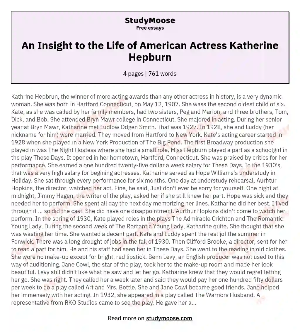 An Insight to the Life of American Actress Katherine Hepburn essay