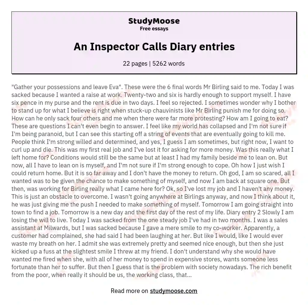 An Inspector Calls Diary entries