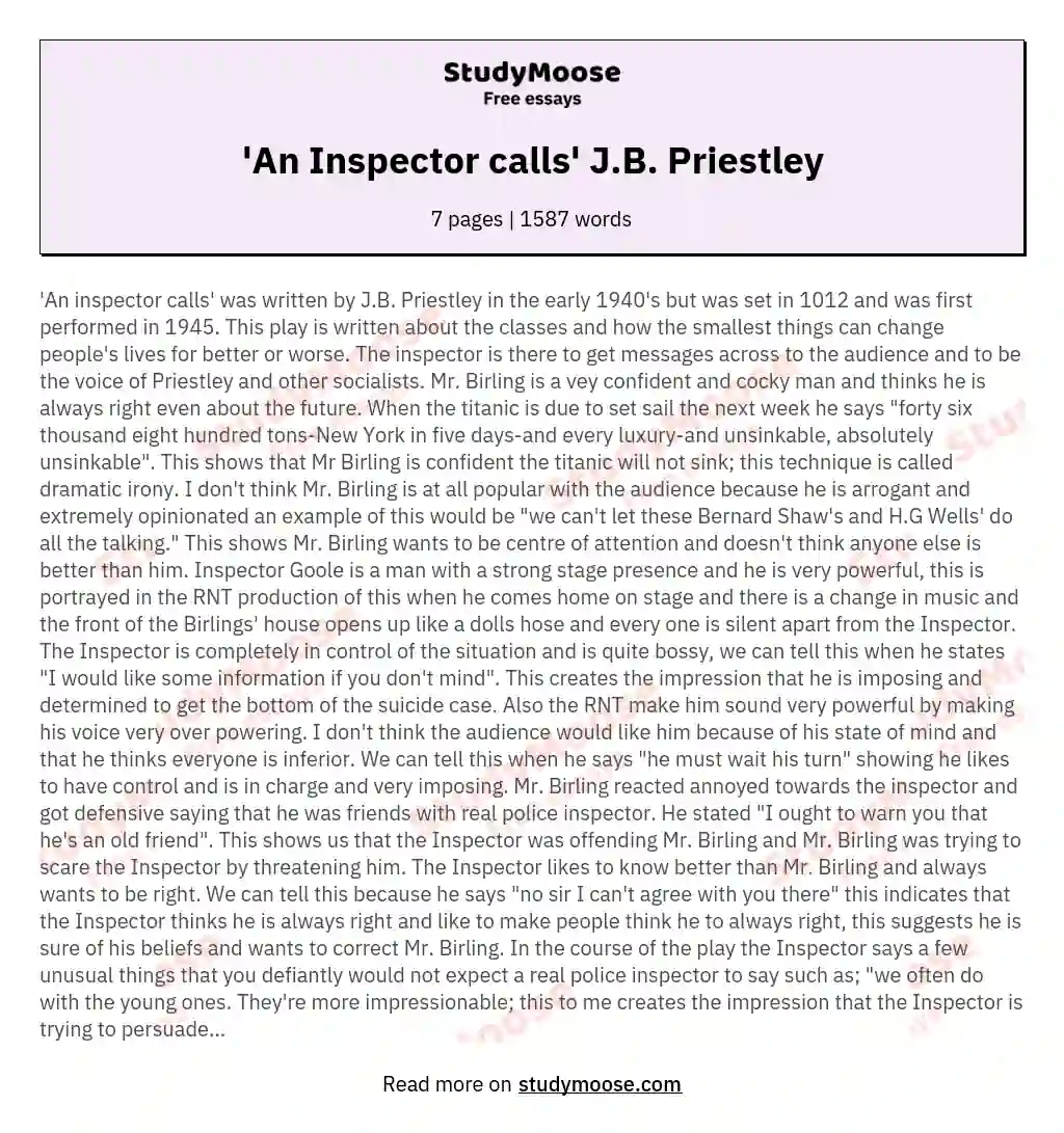 'An Inspector calls' J.B. Priestley