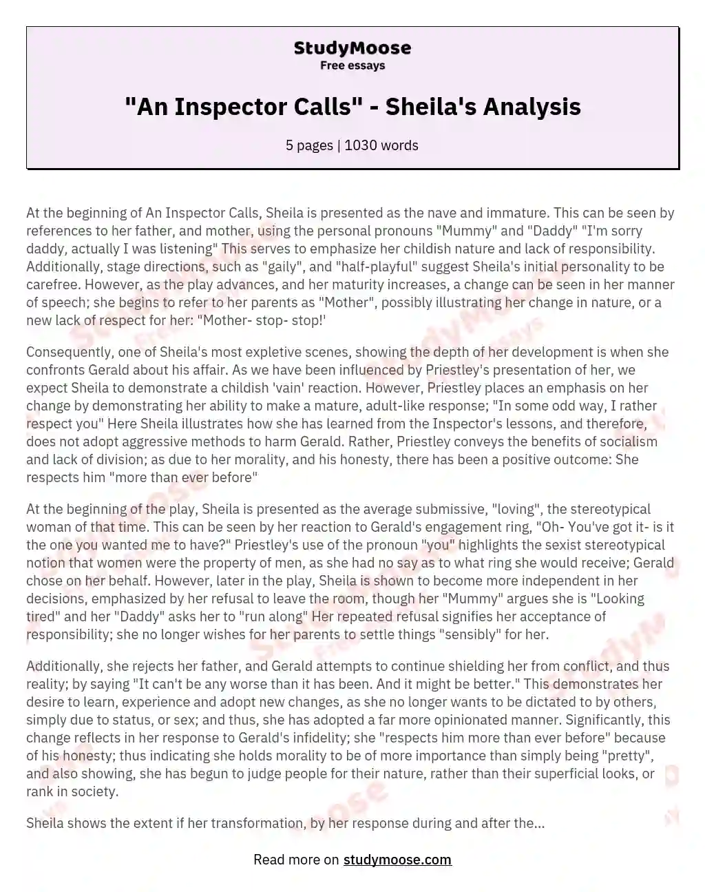 "An Inspector Calls" - Sheila's Analysis essay