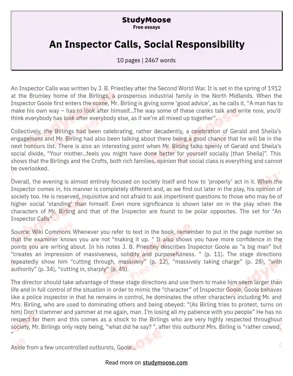 An Inspector Calls, Social Responsibility essay