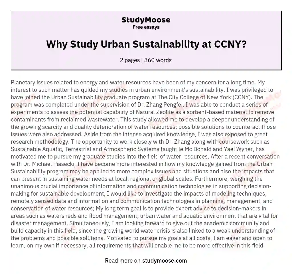 Why Study Urban Sustainability at CCNY? essay