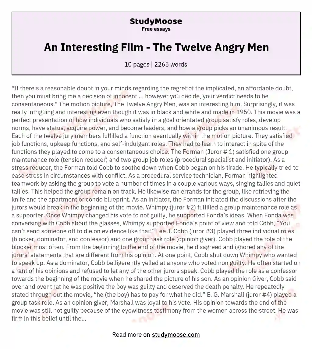 An Interesting Film - The Twelve Angry Men essay