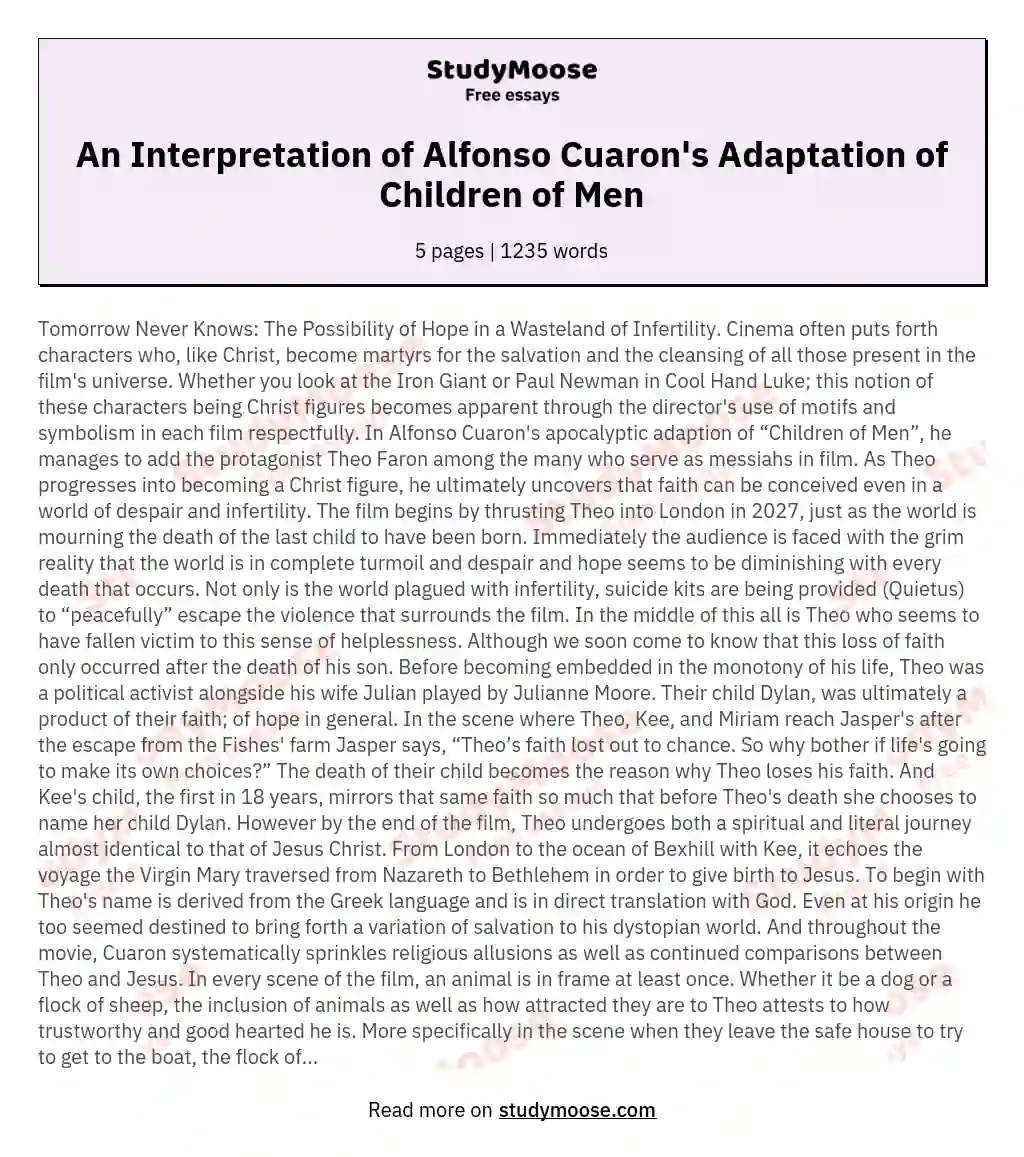An Interpretation of Alfonso Cuaron's Adaptation of Children of Men essay