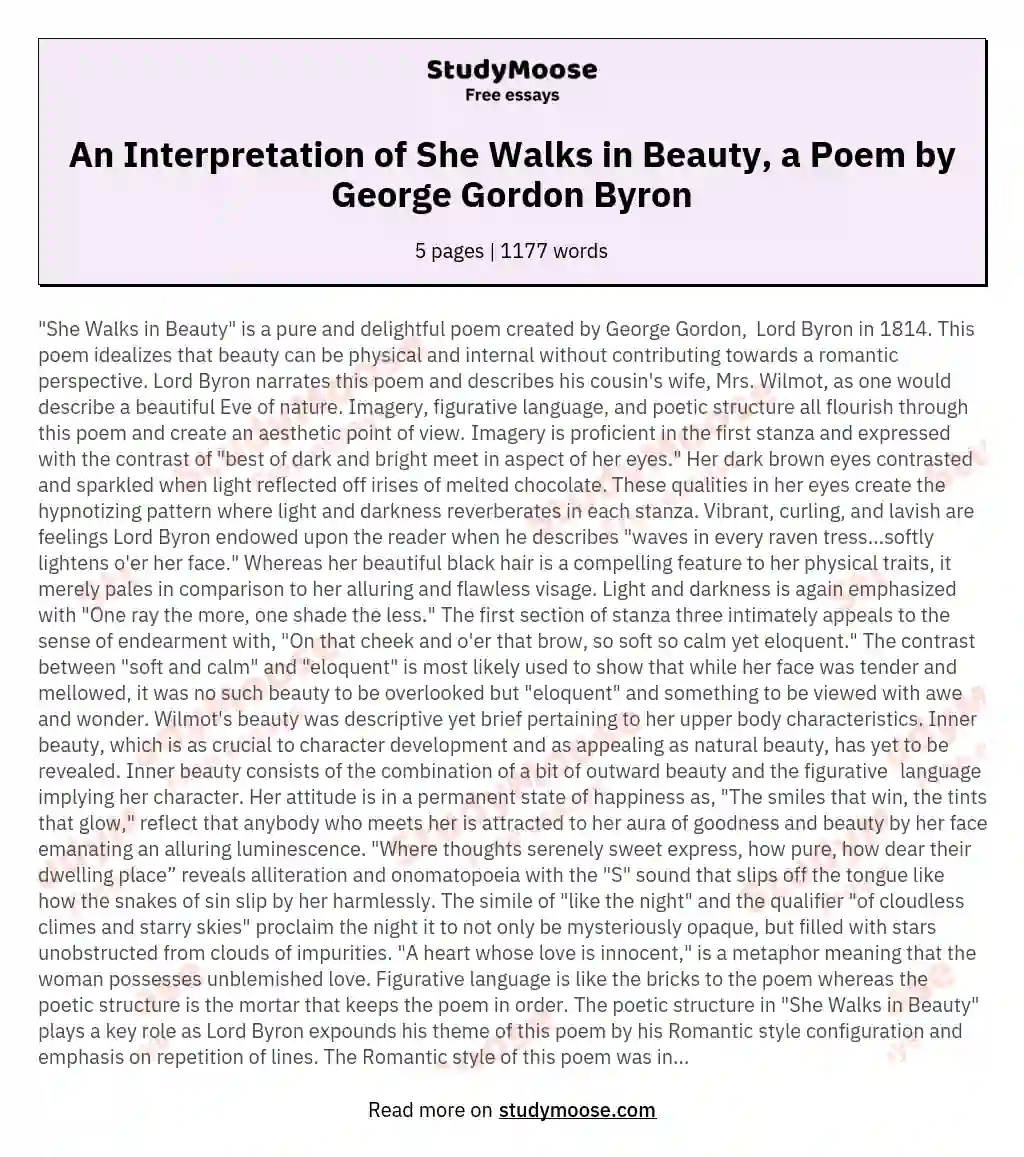 An Interpretation of She Walks in Beauty, a Poem by George Gordon Byron essay