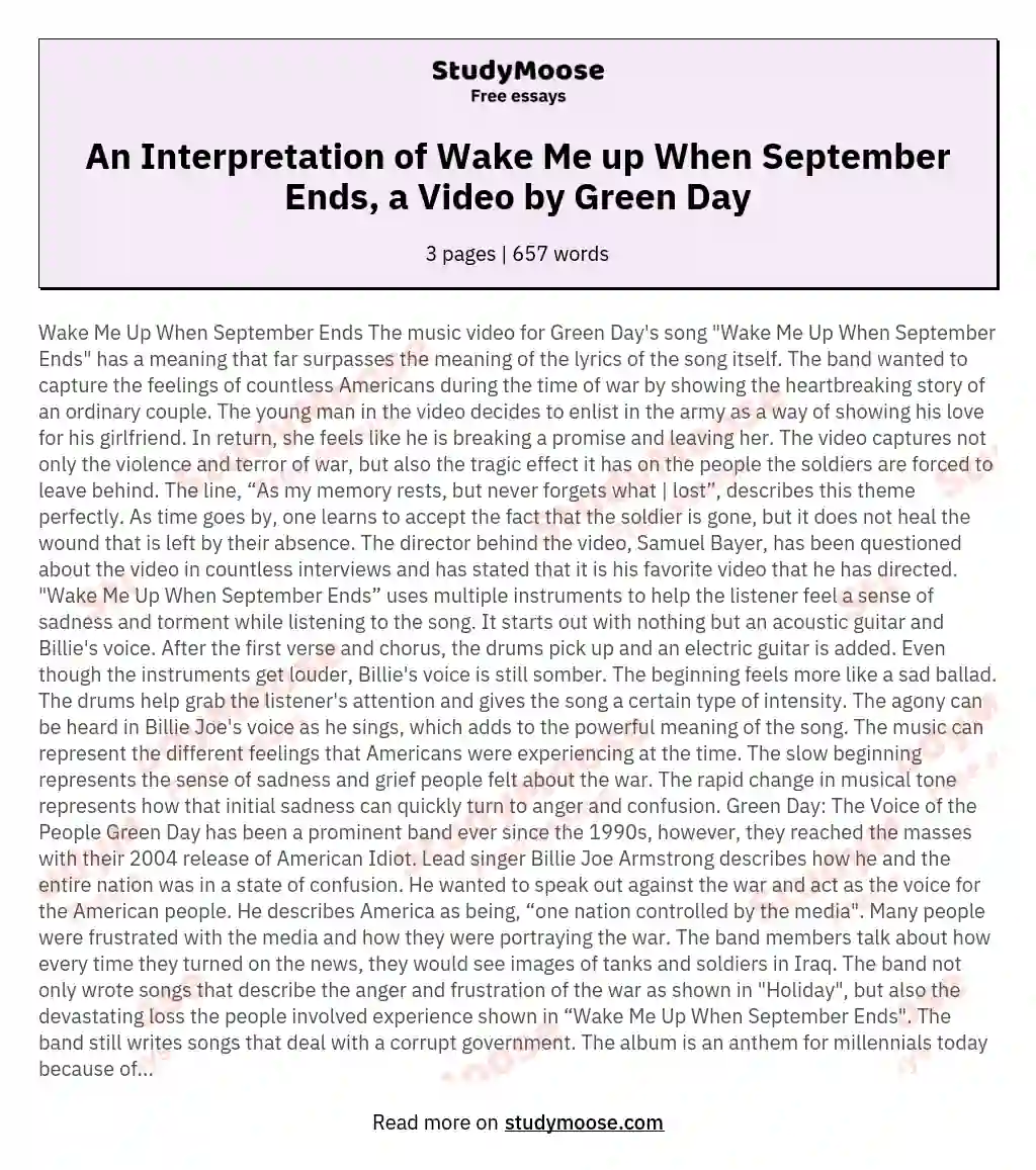 An Interpretation of Wake Me up When September Ends, a Video by Green Day essay