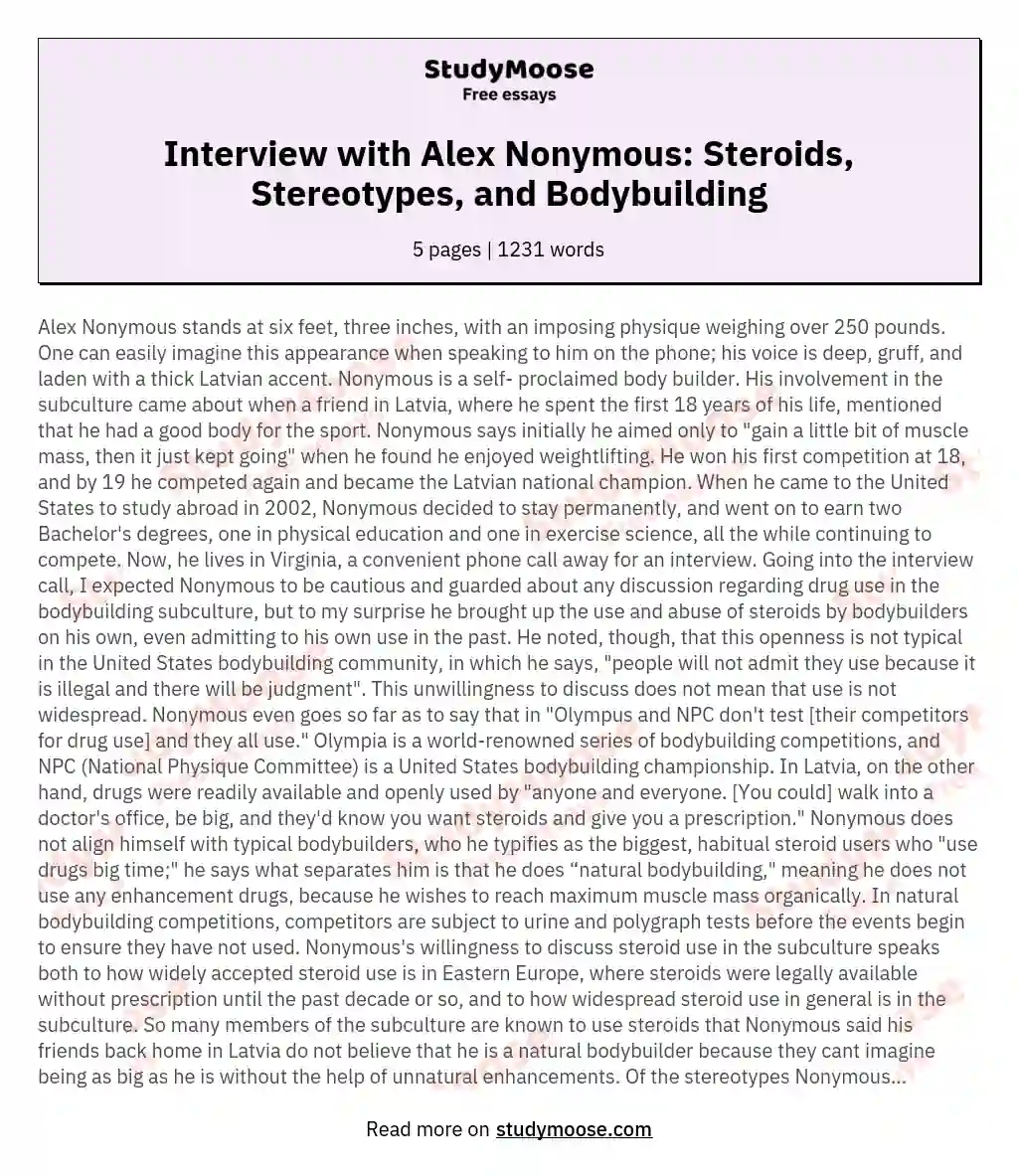 Interview with Alex Nonymous: Steroids, Stereotypes, and Bodybuilding essay