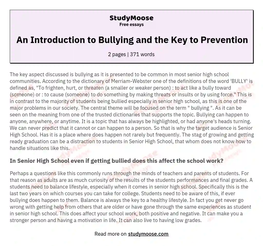 An Introduction to Bullying and the Key to Prevention essay