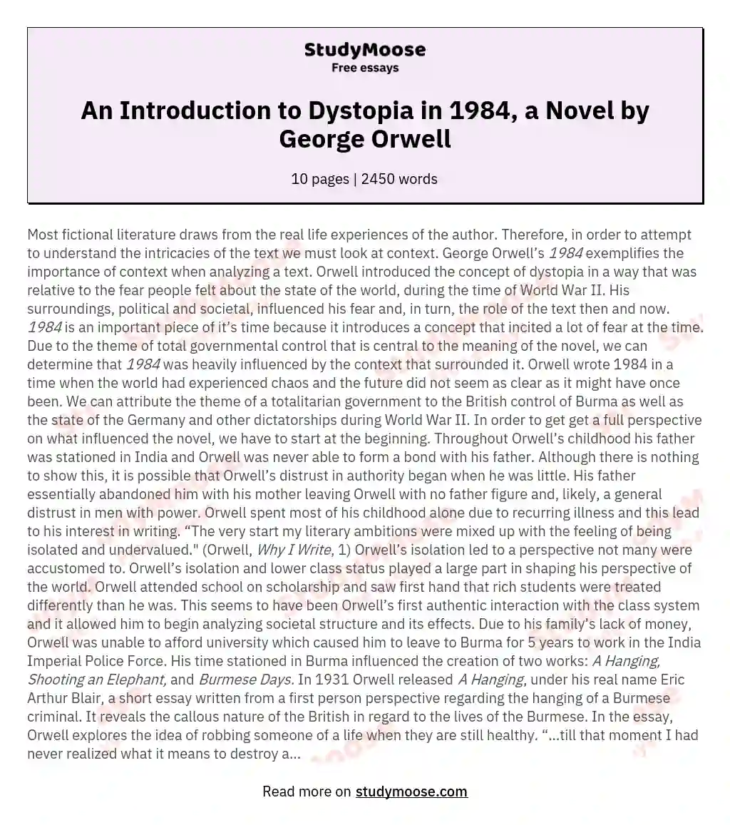 An Introduction to Dystopia in 1984, a Novel by George Orwell