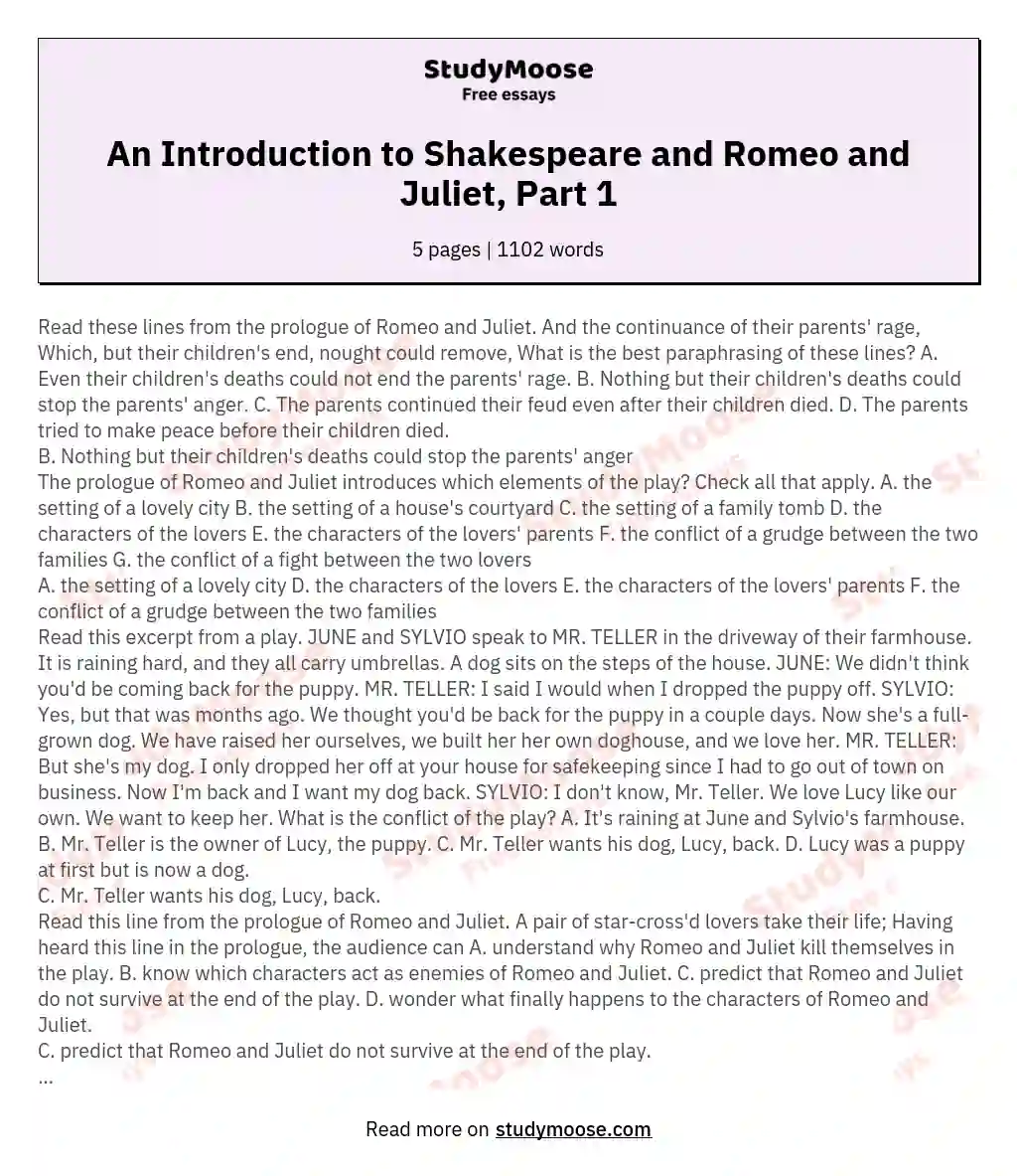 An Introduction to Shakespeare and Romeo and Juliet, Part 1 essay