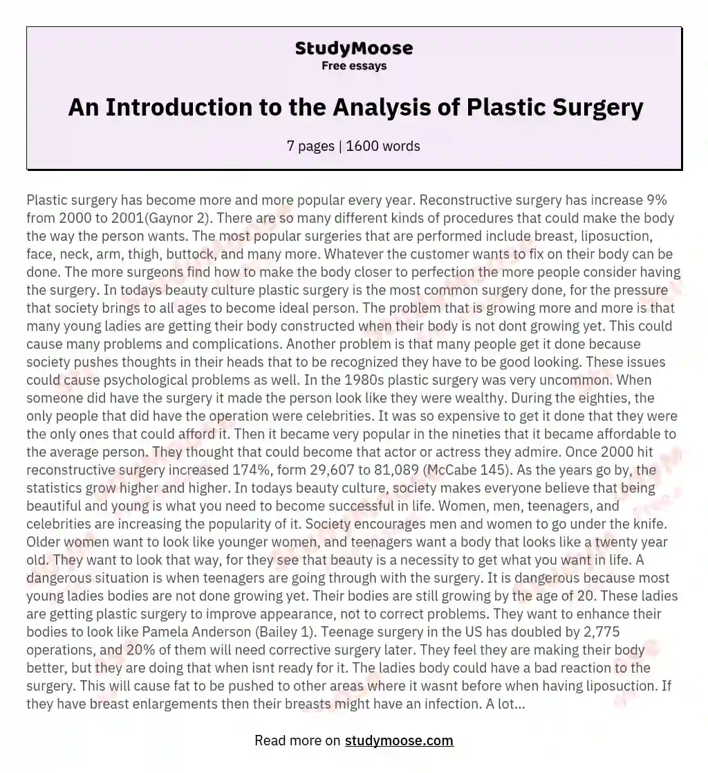 An Introduction to the Analysis of Plastic Surgery essay