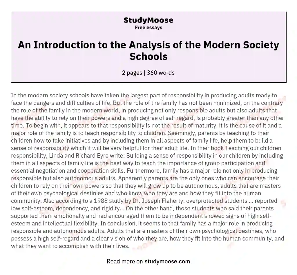 An Introduction to the Analysis of the Modern Society Schools essay
